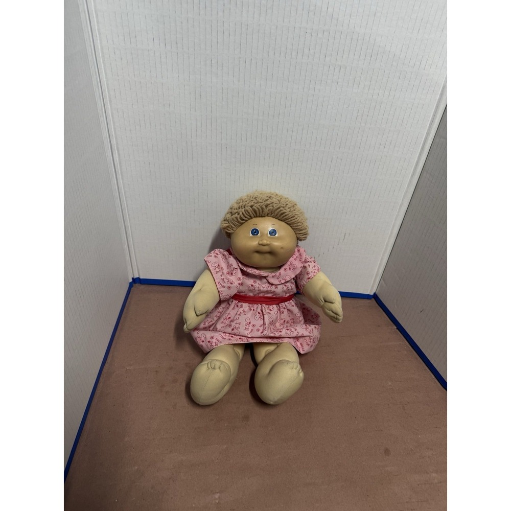 Vintage Cabbage Patch Kids Doll Blonde Yarn Hair Blue Eyes Pink Dress OOAK